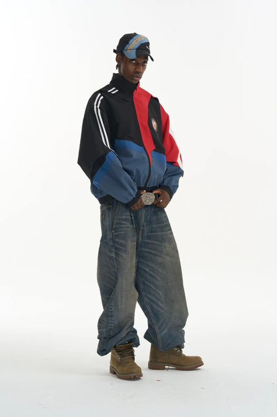 EXITMODE BY BLIND NO PLAN Patchwork Color Block Oversized Track Jacket | Face 3 Face