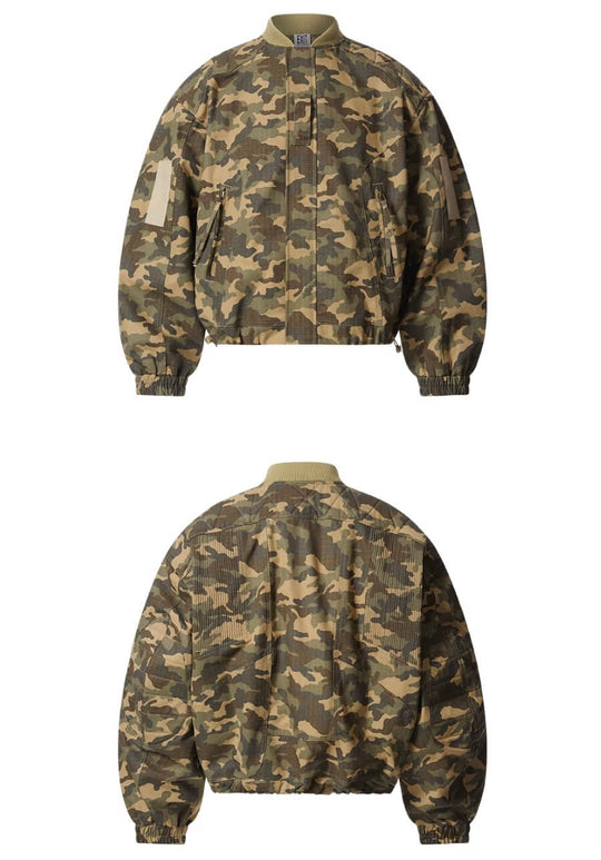 EXITMODE BY BLIND NO PLAN Camouflage Oversized Bomber Jacket | Face 3 Face