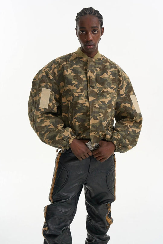EXITMODE BY BLIND NO PLAN Camouflage Oversized Bomber Jacket | Face 3 Face