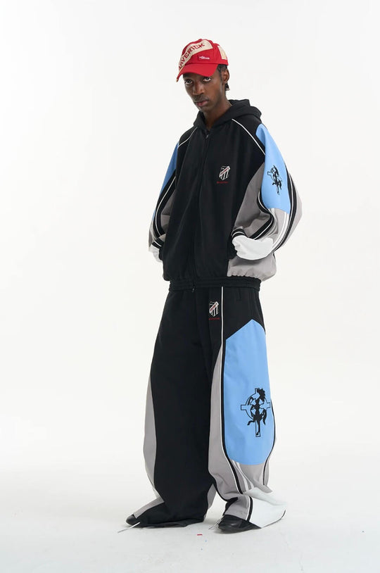 EXITMODE BY BLIND NO PLAN Horse Embroidered Color Block Hooded Track Jacket | Face 3 Face