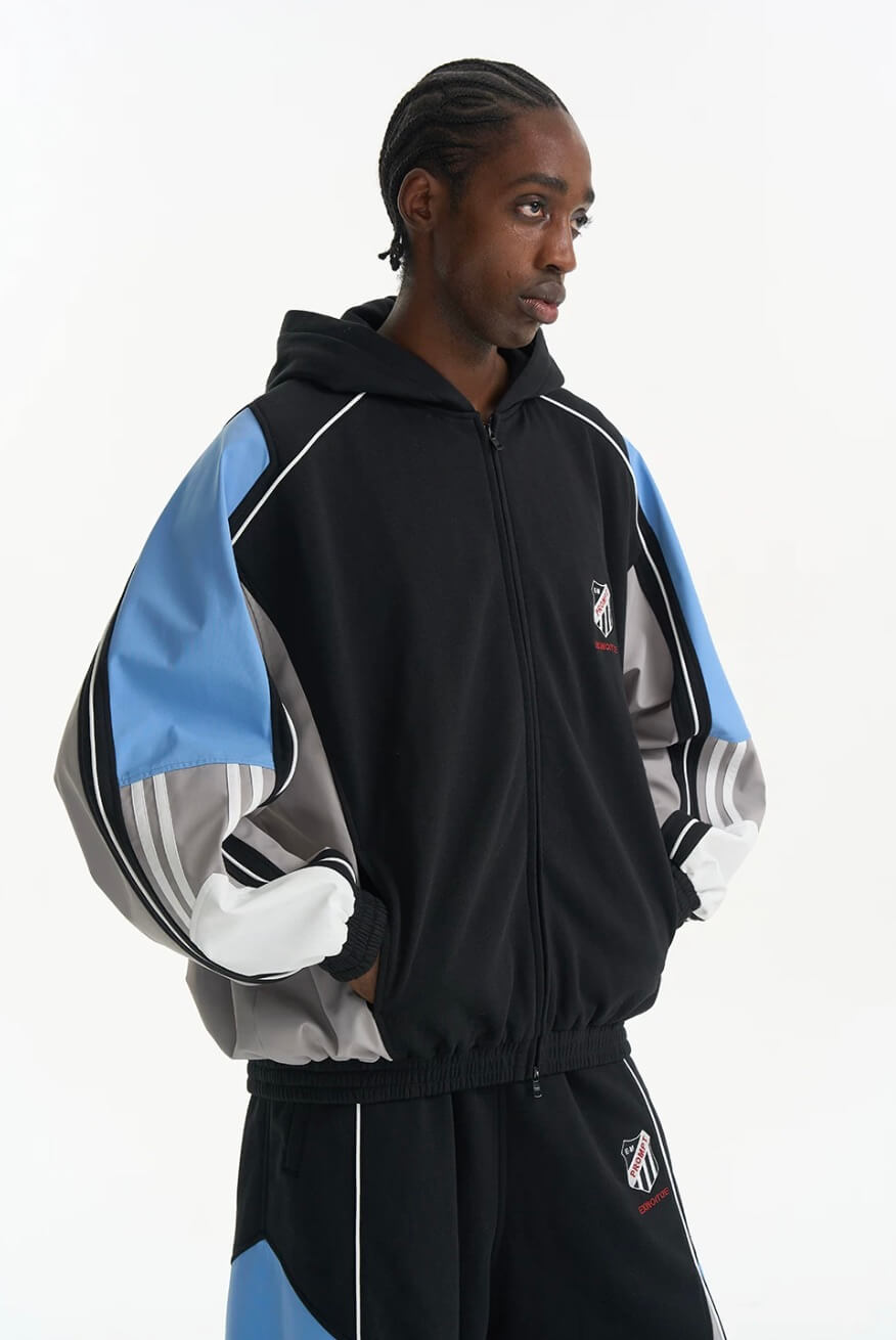 EXITMODE BY BLIND NO PLAN Horse Embroidered Color Block Hooded Track Jacket | Face 3 Face