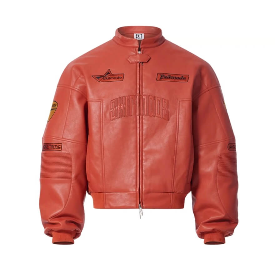 EXITMODE BY BLIND NO PLAN Embroidered Patch PU Leather Short Racing Jacket | Face 3 Face