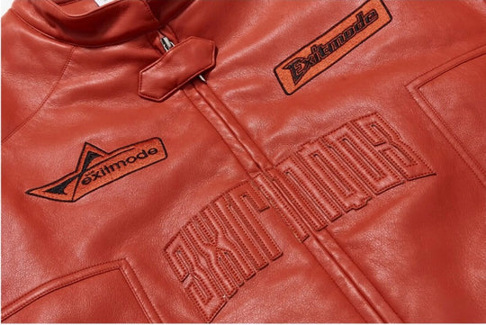 EXITMODE BY BLIND NO PLAN Embroidered Patch PU Leather Short Racing Jacket | Face 3 Face