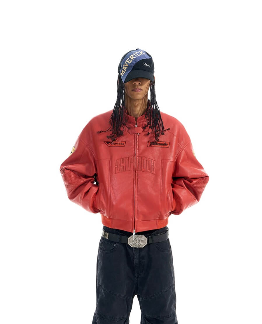 EXITMODE BY BLIND NO PLAN Embroidered Patch PU Leather Short Racing Jacket | Face 3 Face