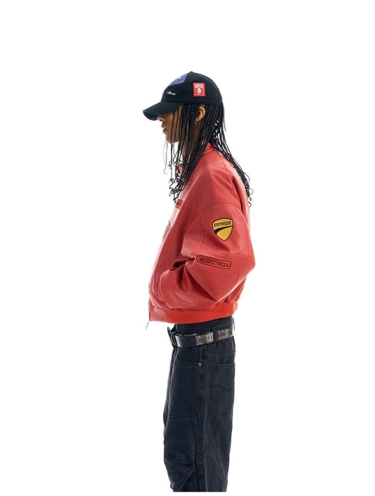 EXITMODE BY BLIND NO PLAN Embroidered Patch PU Leather Short Racing Jacket | Face 3 Face