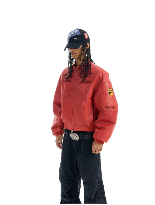 EXITMODE BY BLIND NO PLAN Embroidered Patch PU Leather Short Racing Jacket | Face 3 Face