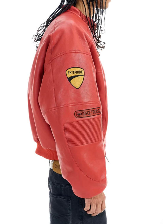 EXITMODE BY BLIND NO PLAN Embroidered Patch PU Leather Short Racing Jacket | Face 3 Face
