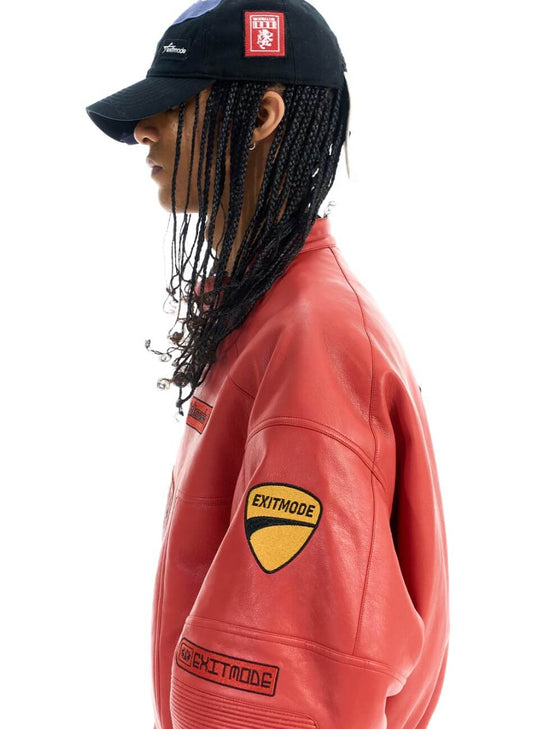 EXITMODE BY BLIND NO PLAN Embroidered Patch PU Leather Short Racing Jacket | Face 3 Face