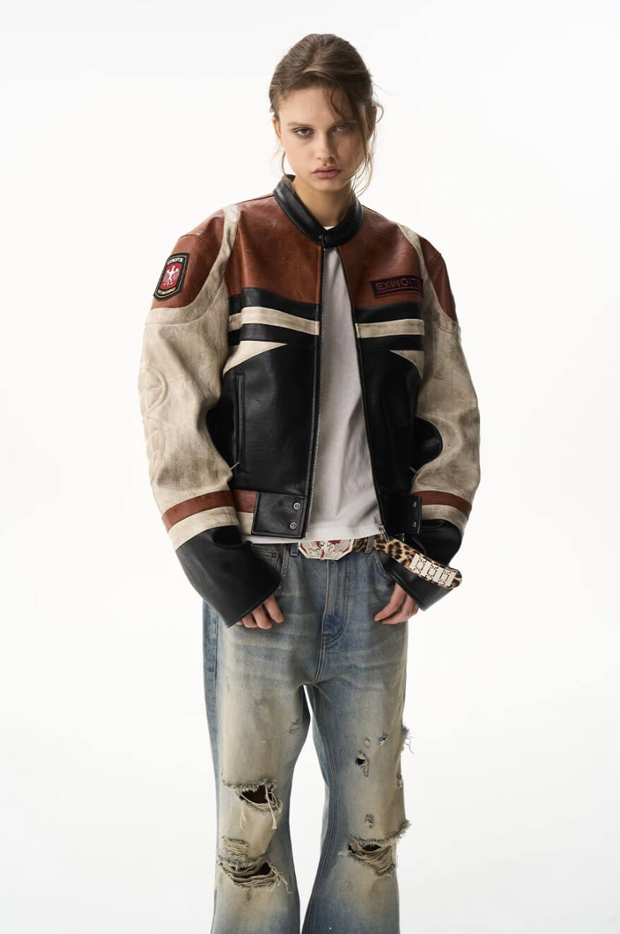 EXITMODE BY BLIND NO PLAN Vintage Color Block PU Leather Short Racing Jacket | Face 3 Face