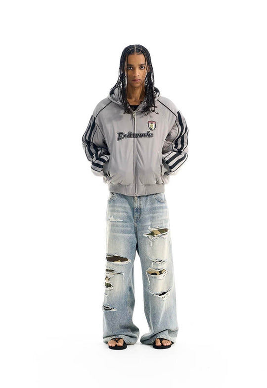 EXITMODE BY BLIND NO PLAN Sport Stripe Sleeve Hooded Bomber Jacket | Face 3 Face