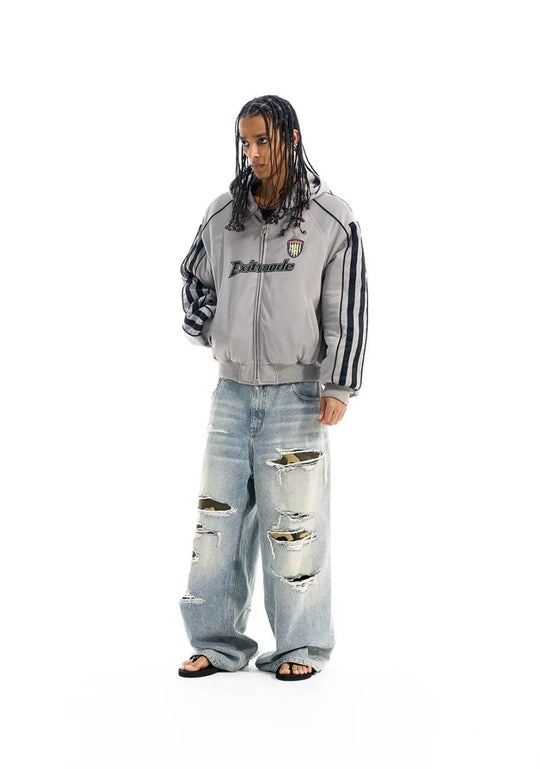EXITMODE BY BLIND NO PLAN Sport Stripe Sleeve Hooded Bomber Jacket | Face 3 Face