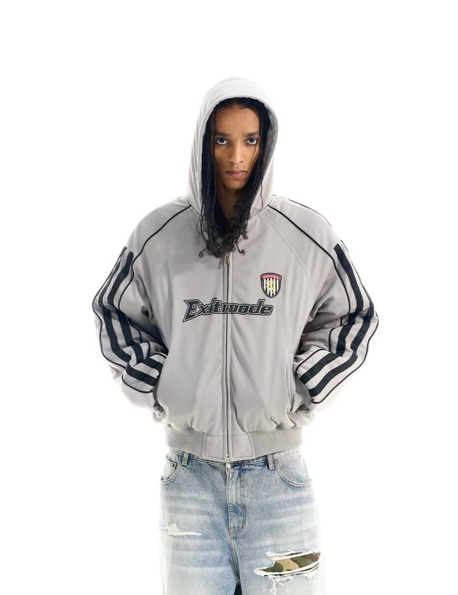 EXITMODE BY BLIND NO PLAN Sport Stripe Sleeve Hooded Bomber Jacket | Face 3 Face