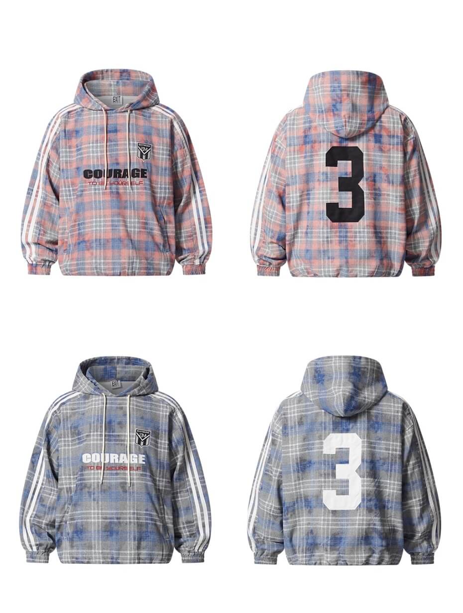 EXITMODE BY BLIND NO PLAN Checkered Embroidered Patch Stripe Sleeve Oversized Hoodie | Face 3 Face