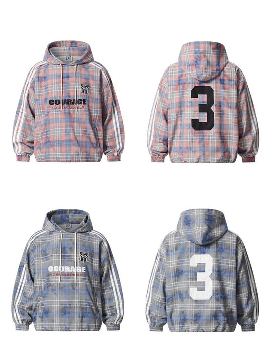 EXITMODE BY BLIND NO PLAN Checkered Embroidered Patch Stripe Sleeve Oversized Hoodie | Face 3 Face
