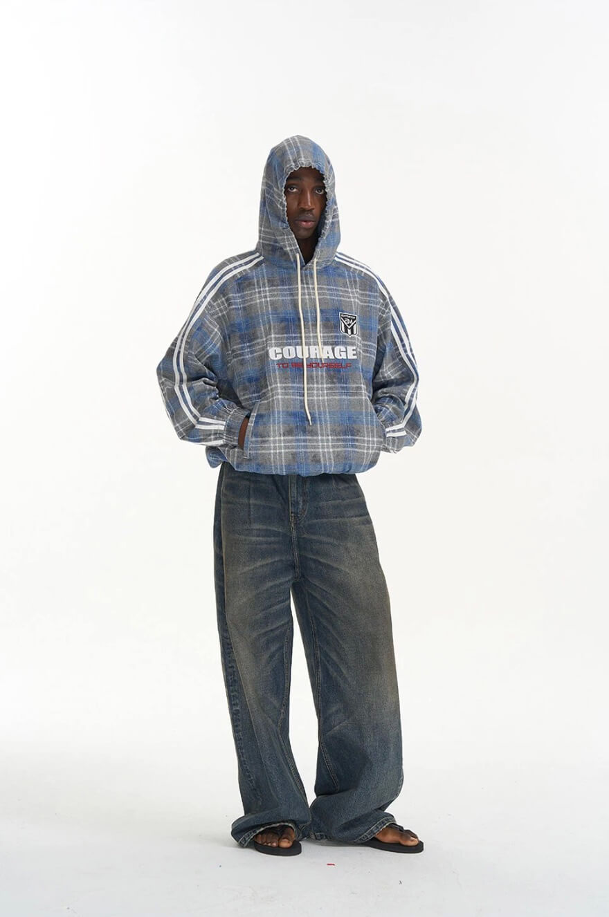 EXITMODE BY BLIND NO PLAN Checkered Embroidered Patch Stripe Sleeve Oversized Hoodie | Face 3 Face