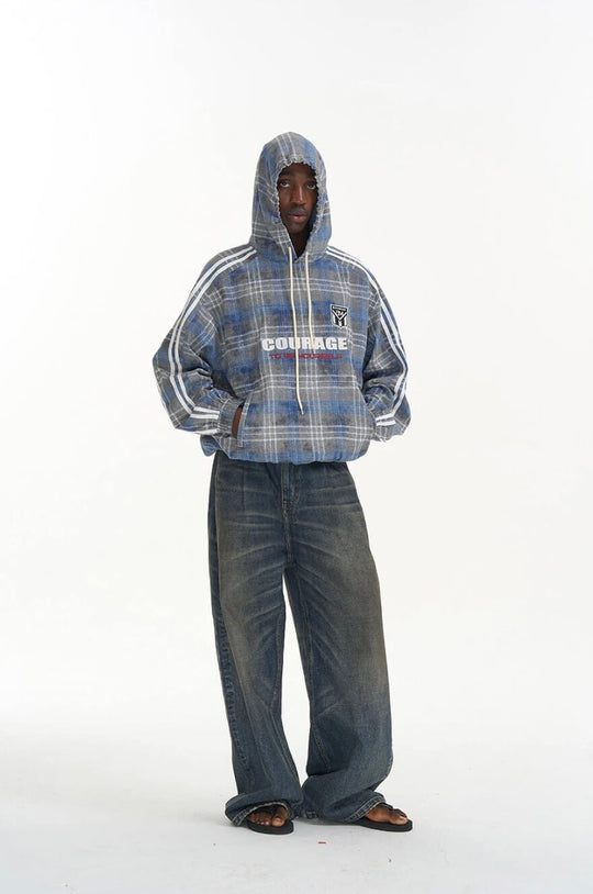EXITMODE BY BLIND NO PLAN Checkered Embroidered Patch Stripe Sleeve Oversized Hoodie | Face 3 Face