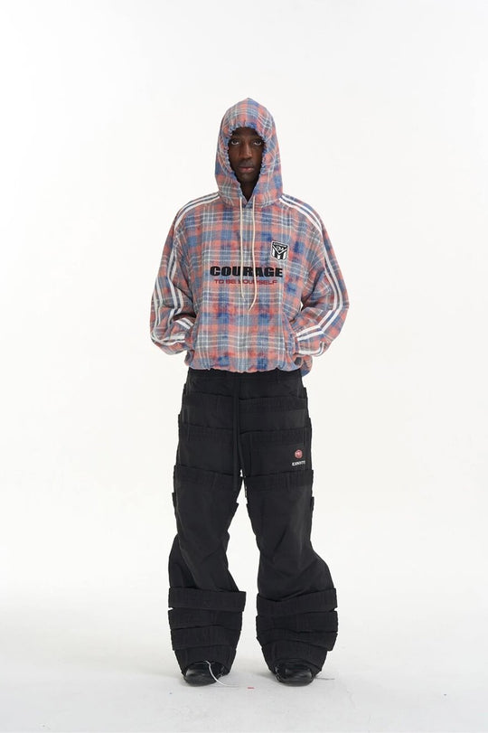 EXITMODE BY BLIND NO PLAN Checkered Embroidered Patch Stripe Sleeve Oversized Hoodie | Face 3 Face