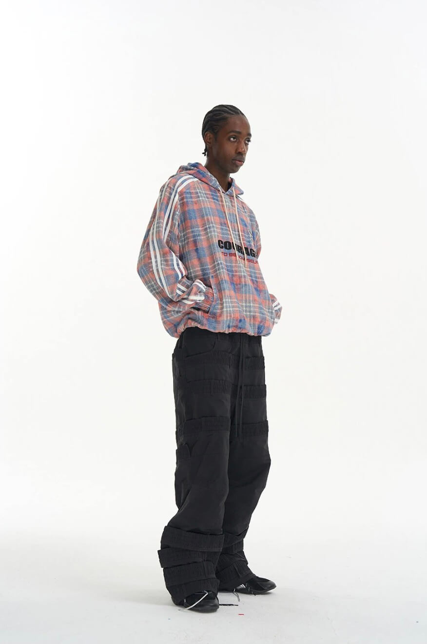 EXITMODE BY BLIND NO PLAN Checkered Embroidered Patch Stripe Sleeve Oversized Hoodie | Face 3 Face