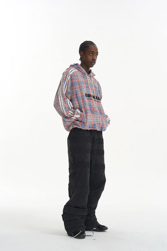 EXITMODE BY BLIND NO PLAN Checkered Embroidered Patch Stripe Sleeve Oversized Hoodie | Face 3 Face