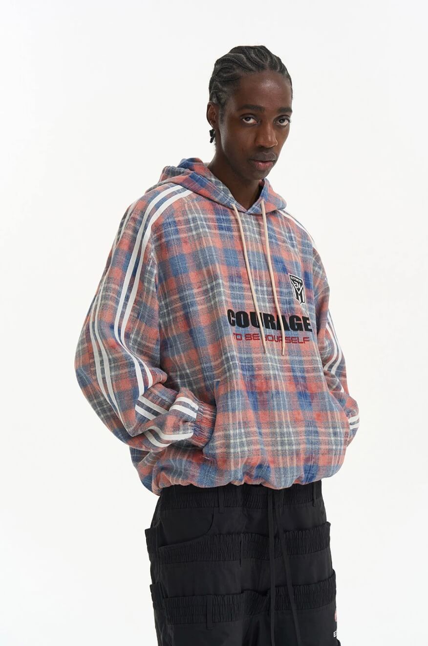 EXITMODE BY BLIND NO PLAN Checkered Embroidered Patch Stripe Sleeve Oversized Hoodie | Face 3 Face
