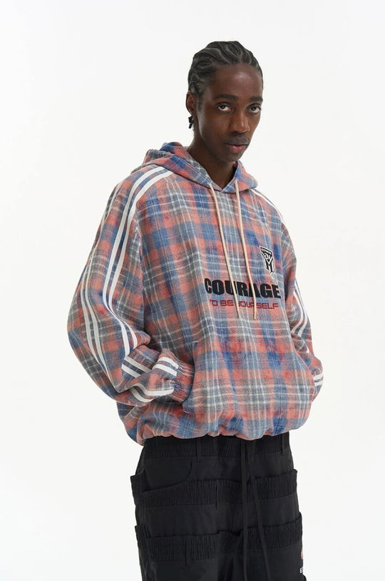 EXITMODE BY BLIND NO PLAN Checkered Embroidered Patch Stripe Sleeve Oversized Hoodie | Face 3 Face