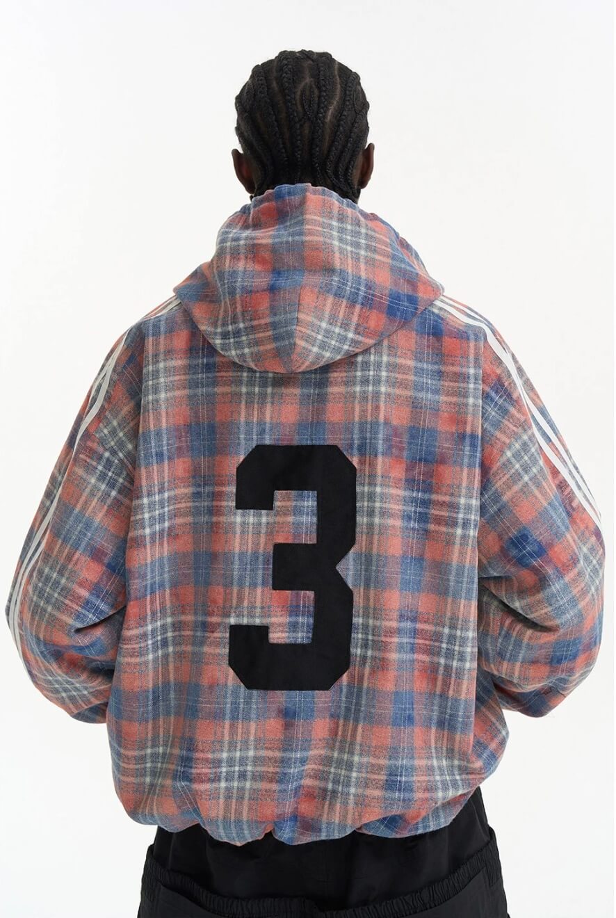 EXITMODE BY BLIND NO PLAN Checkered Embroidered Patch Stripe Sleeve Oversized Hoodie | Face 3 Face