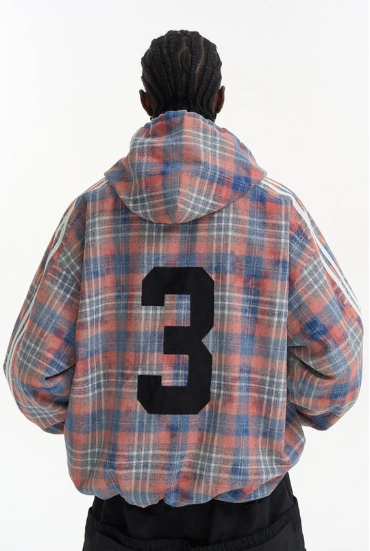 EXITMODE BY BLIND NO PLAN Checkered Embroidered Patch Stripe Sleeve Oversized Hoodie | Face 3 Face