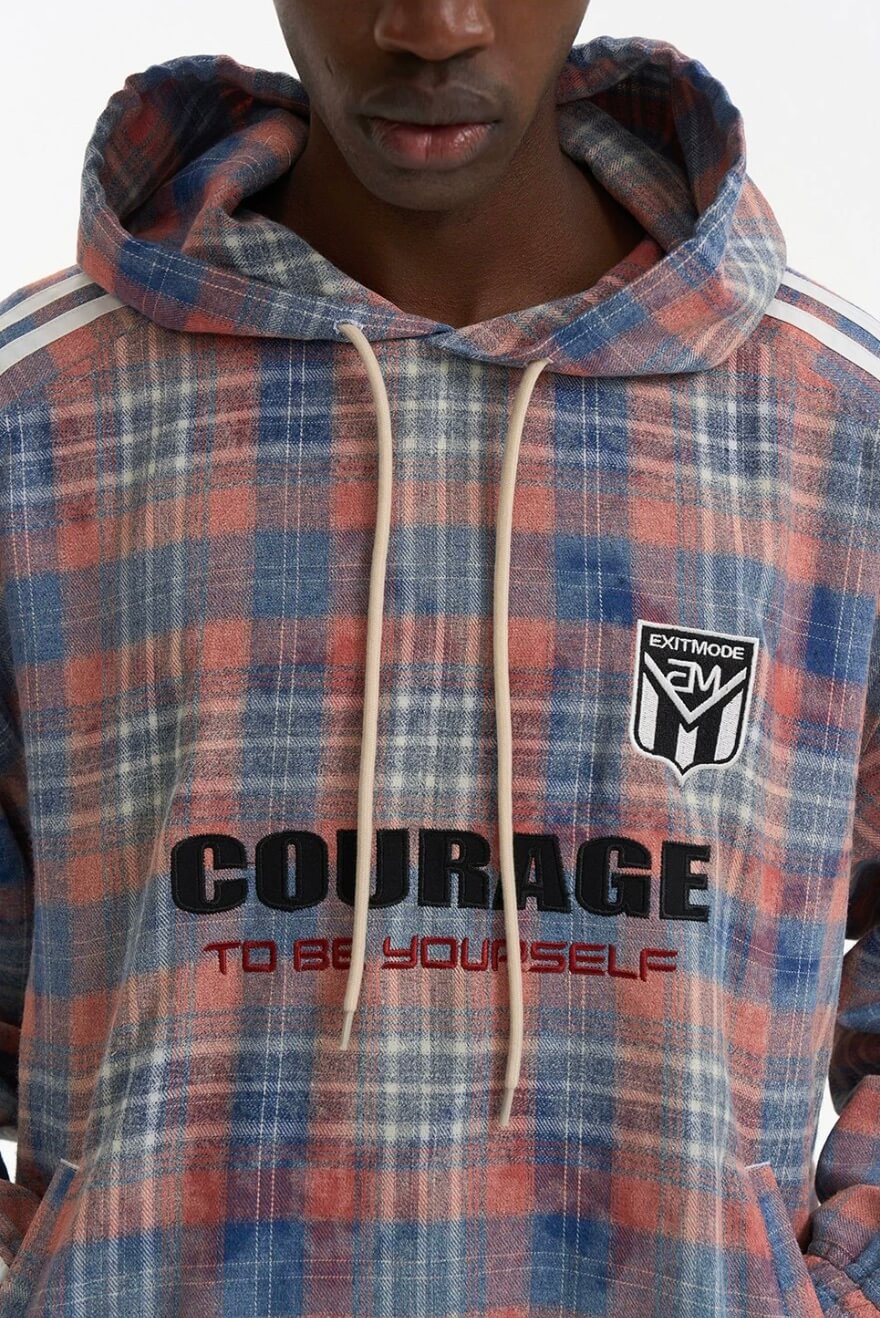 EXITMODE BY BLIND NO PLAN Checkered Embroidered Patch Stripe Sleeve Oversized Hoodie | Face 3 Face