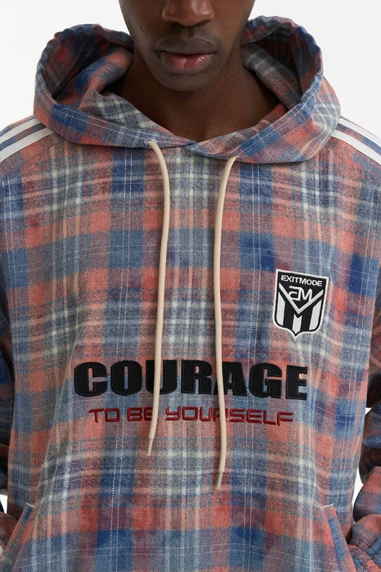EXITMODE BY BLIND NO PLAN Checkered Embroidered Patch Stripe Sleeve Oversized Hoodie | Face 3 Face