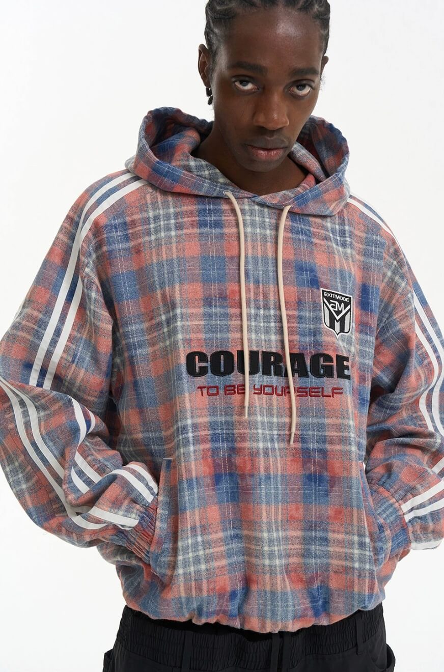 EXITMODE BY BLIND NO PLAN Checkered Embroidered Patch Stripe Sleeve Oversized Hoodie | Face 3 Face