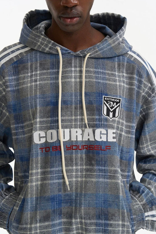 EXITMODE BY BLIND NO PLAN Checkered Embroidered Patch Stripe Sleeve Oversized Hoodie | Face 3 Face