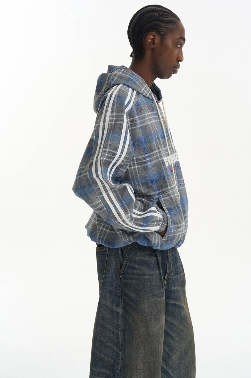 EXITMODE BY BLIND NO PLAN Checkered Embroidered Patch Stripe Sleeve Oversized Hoodie | Face 3 Face