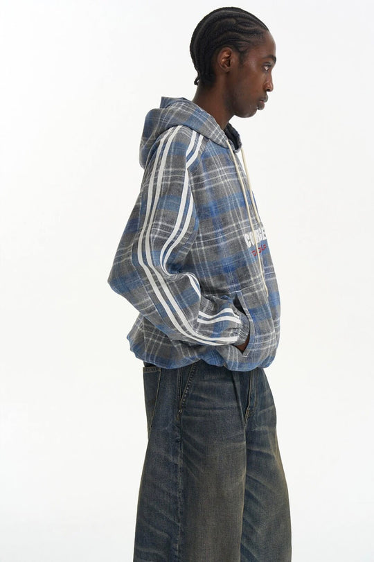 EXITMODE BY BLIND NO PLAN Checkered Embroidered Patch Stripe Sleeve Oversized Hoodie | Face 3 Face