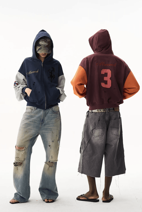 EXITMODE BY BLIND NO PLAN Color Block Washed Distressed Oversized Zip Up Hoodie | Face 3 Face