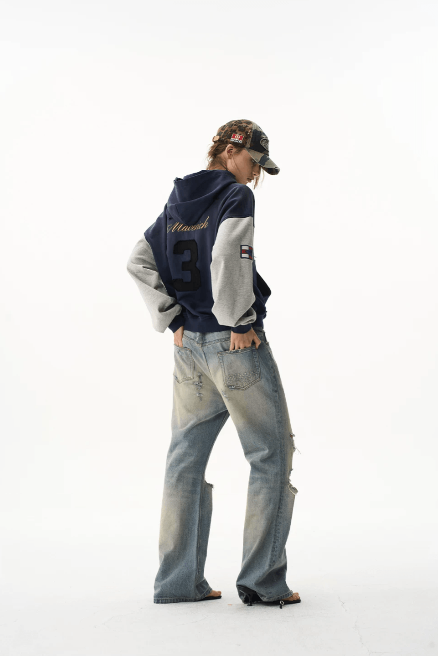EXITMODE BY BLIND NO PLAN Color Block Washed Distressed Oversized Zip Up Hoodie | Face 3 Face
