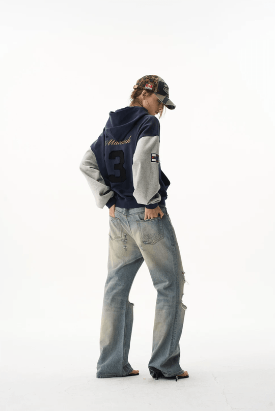 EXITMODE BY BLIND NO PLAN Color Block Washed Distressed Oversized Zip Up Hoodie | Face 3 Face