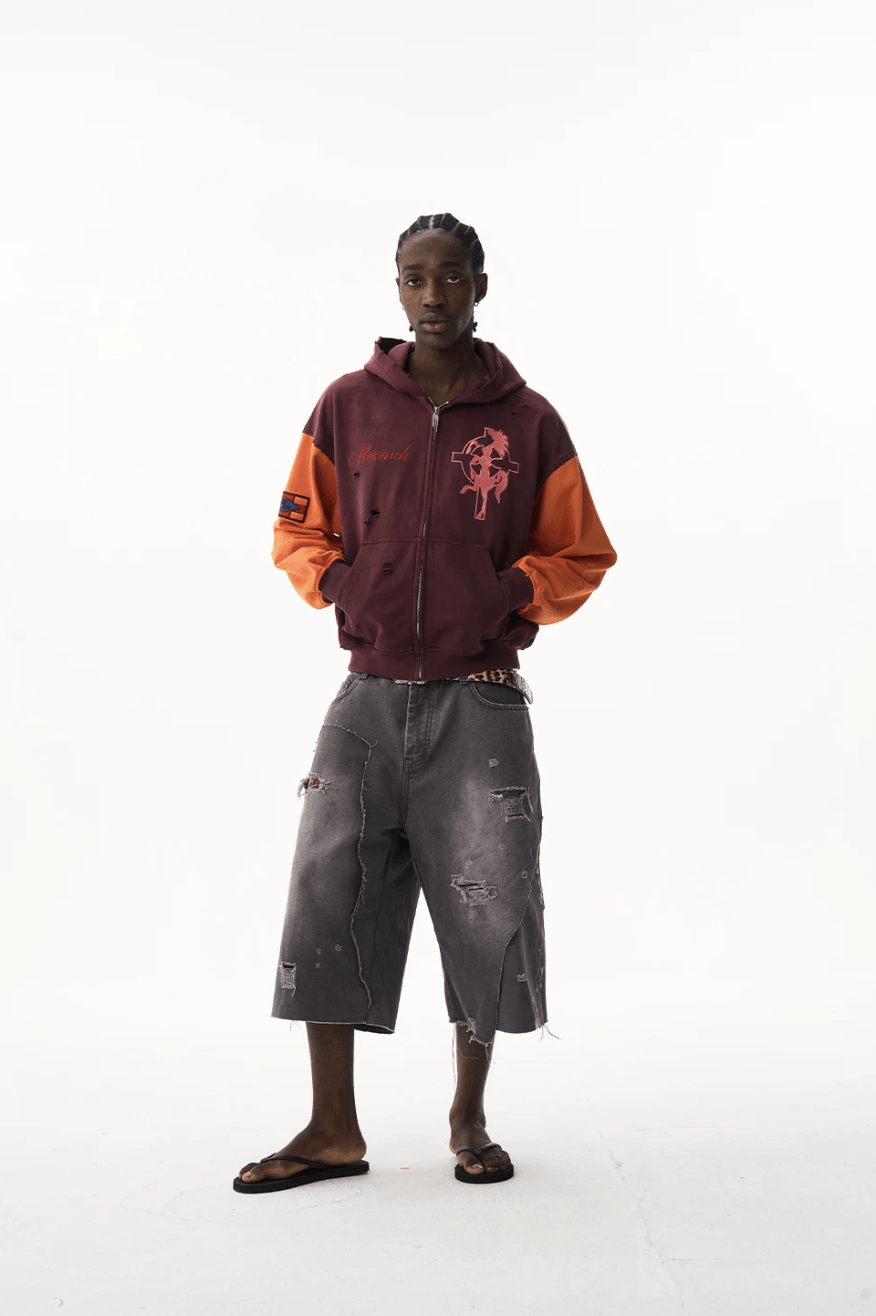 EXITMODE BY BLIND NO PLAN Color Block Washed Distressed Oversized Zip Up Hoodie | Face 3 Face