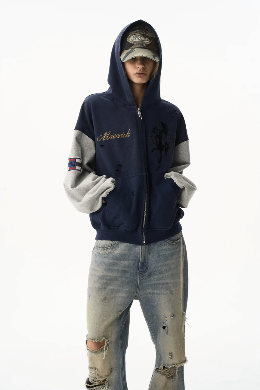 EXITMODE BY BLIND NO PLAN Color Block Washed Distressed Oversized Zip Up Hoodie | Face 3 Face