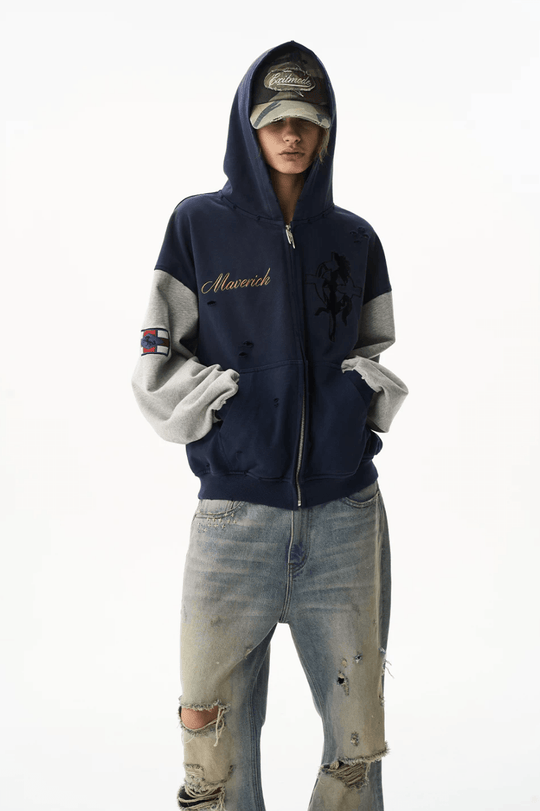 EXITMODE BY BLIND NO PLAN Color Block Washed Distressed Oversized Zip Up Hoodie | Face 3 Face
