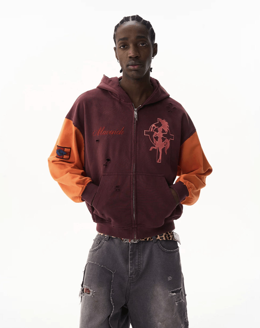 EXITMODE BY BLIND NO PLAN Color Block Washed Distressed Oversized Zip Up Hoodie | Face 3 Face