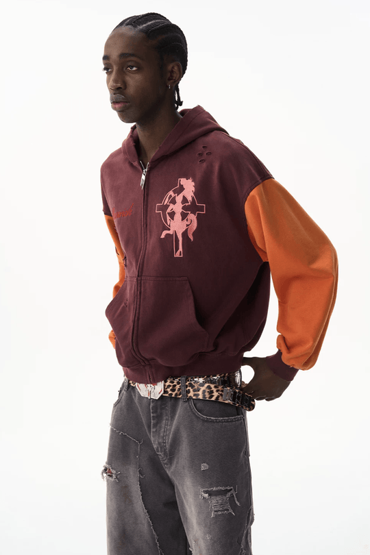 EXITMODE BY BLIND NO PLAN Color Block Washed Distressed Oversized Zip Up Hoodie | Face 3 Face