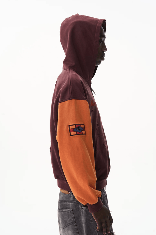 EXITMODE BY BLIND NO PLAN Color Block Washed Distressed Oversized Zip Up Hoodie | Face 3 Face