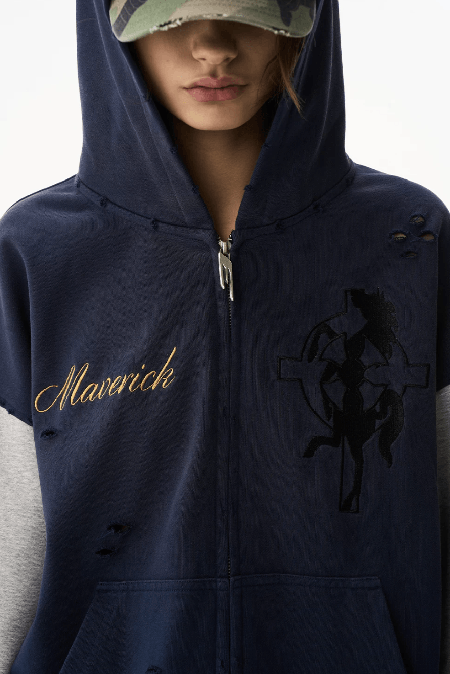 EXITMODE BY BLIND NO PLAN Color Block Washed Distressed Oversized Zip Up Hoodie | Face 3 Face