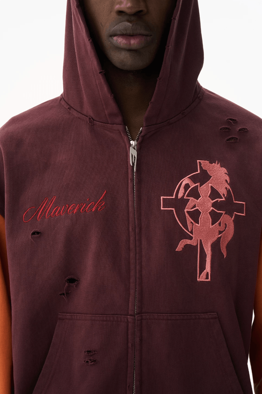 EXITMODE BY BLIND NO PLAN Color Block Washed Distressed Oversized Zip Up Hoodie | Face 3 Face