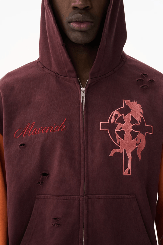 EXITMODE BY BLIND NO PLAN Color Block Washed Distressed Oversized Zip Up Hoodie | Face 3 Face