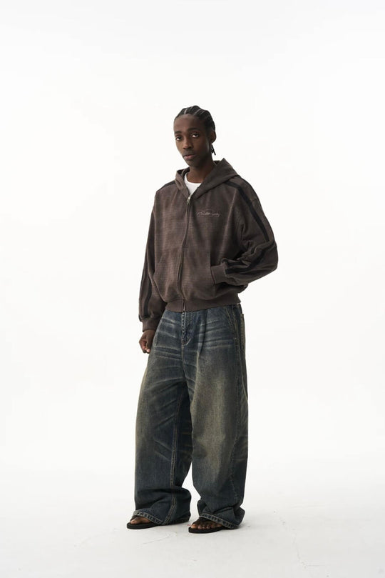 EXITMODE BY BLIND NO PLAN Vintage Check Washed Oversized Zip Up Hoodie | Face 3 Face