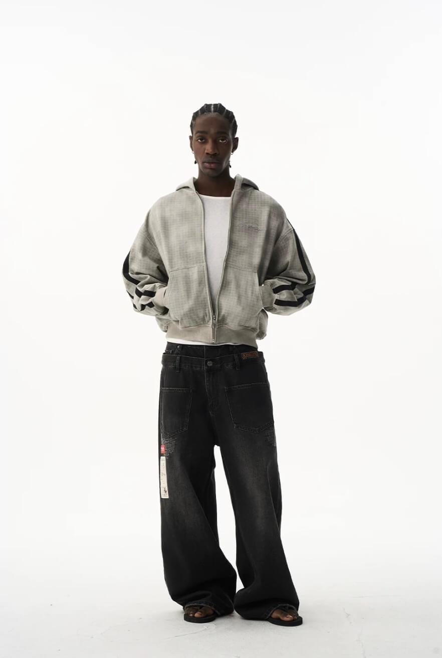 EXITMODE BY BLIND NO PLAN Vintage Check Washed Oversized Zip Up Hoodie | Face 3 Face