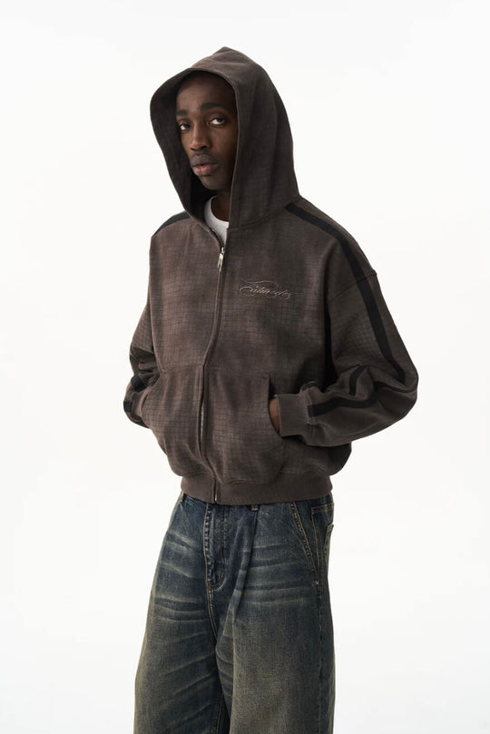 EXITMODE BY BLIND NO PLAN Vintage Check Washed Oversized Zip Up Hoodie | Face 3 Face