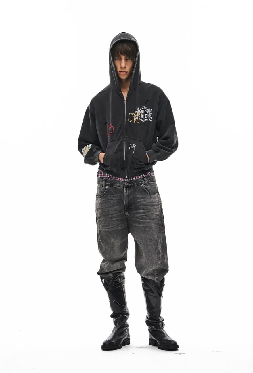 EXITMODE BY BLIND NO PLAN Washed Distressed Embroidered Patch Zip Up Hoodie | Face 3 Face
