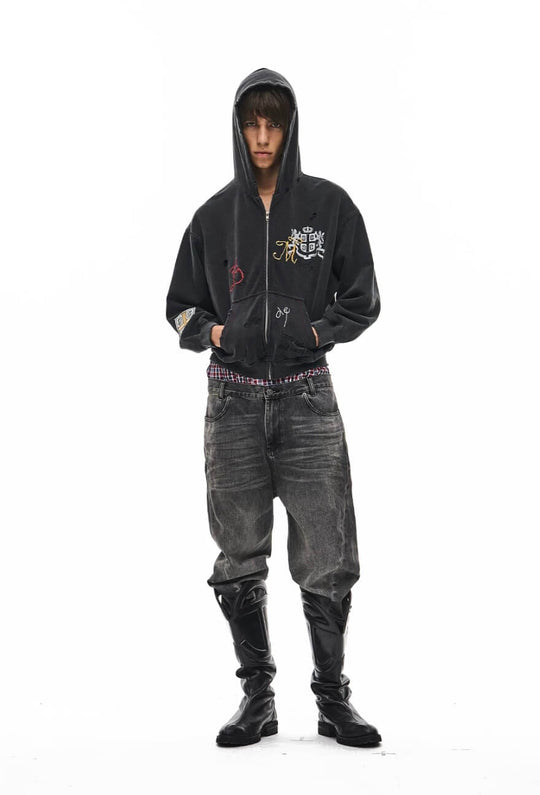 EXITMODE BY BLIND NO PLAN Washed Distressed Embroidered Patch Zip Up Hoodie | Face 3 Face